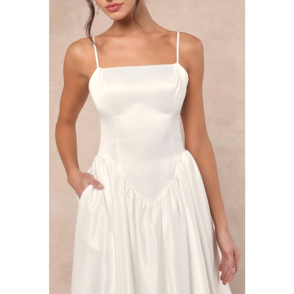 Lulus Luxe Bridal NWOT Bria White Satin Basque Waist Maxi Wedding Dress Medium - Picture 2 of 9